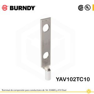 Terminal cu compresión Burndy YAV102TC10, cobre electro‑tin, conductor 14‑10 AWG, orificios dobles #10, espaciado 5/8″, barril corto con ventana