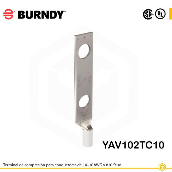 Terminal cu compresión Burndy YAV102TC10, cobre electro‑tin, conductor 14‑10 AWG, orificios dobles #10, espaciado 5/8″, barril corto con ventana