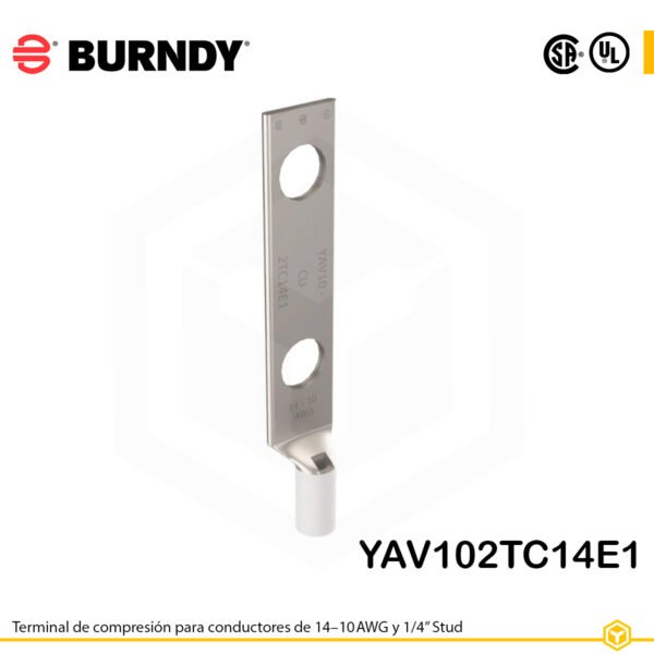 Terminal Burndy YAV102TC14E1, cobre electro‑tin plated, conductor 14–10 AWG, dos orificios perno ¼″, espaciado 1″ entre agujeros, barril estándar con ventana de inspección
