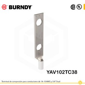 Terminal Burndy YAV102TC38, cobre electro‑tin, conductor 14‑10 AWG, dos orificios para perno 3/8″ distribuidos a 1″, barril estándar con ventana de inspección