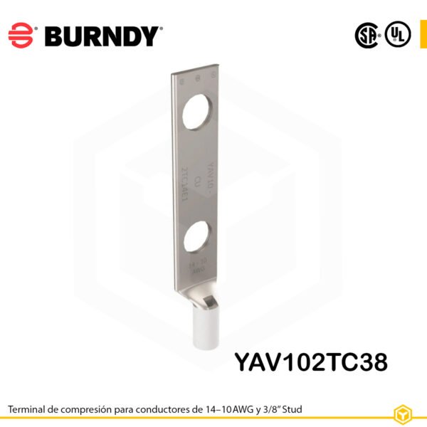 Terminal Burndy YAV102TC38, cobre electro‑tin, conductor 14‑10 AWG, dos orificios para perno 3/8″ distribuidos a 1″, barril estándar con ventana de inspección