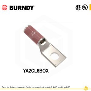 Terminal ojal de compresión Burndy YA2CL6BOX, cobre estañado, 1 orificio 1/2″, calibre 2 AWG