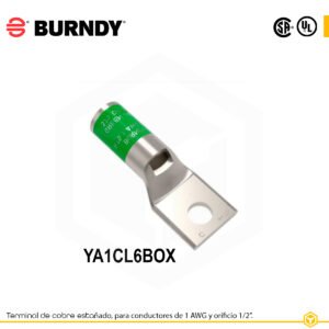 Terminal ojal de compresión Burndy YA1CL6BOX, cobre estañado, 1 AWG, 1 orificio ½″