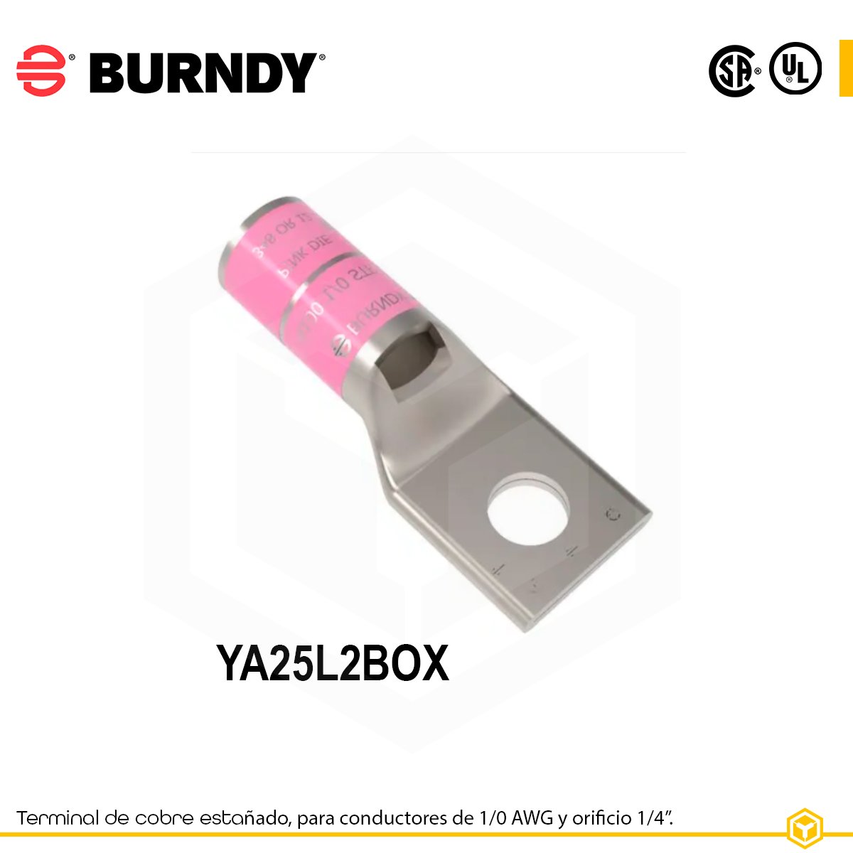 ya25l2box-terminal-tipo-ojal-burndy Terminal ojal de compresión Burndy YA25L2BOX, cobre estañado, 1/0 AWG, 1 orificio 1/4″ (rosado)