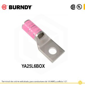 Terminal ojal de compresión Burndy YA25L6BOX, cobre estañado, 1/0 AWG, 1 orificio ½″