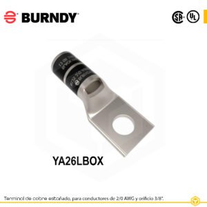 Terminal ojal de compresión Burndy YA26LBOX, cobre estañado, 2/0 AWG, 1 orificio 3/8 in