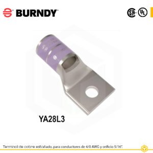 Terminal ojal de compresión Burndy YA28L3, cobre estañado, calibre 4/0 AWG, 1 orificio 5/16″