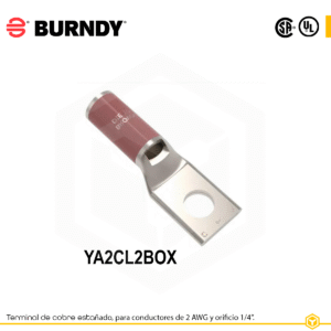 Terminal ojal de compresión Burndy YA2CL2BOX, cobre estañado, 1 orificio 1/4″, calibre 2 AWG