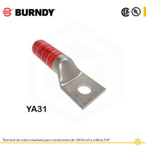 Terminal ojal de compresión Burndy YA31, cobre estañado, 350 kcmil, perno ½″, barril largo