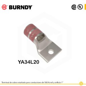 Terminal ojal Burndy YA34L20, cobre estañado, 500 kcmil, orificio 1 in