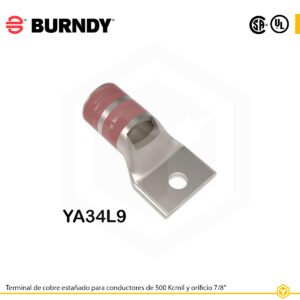 Terminal ojal de compresión Burndy YA34L9, cobre estañado, 500 kcmil, orificio 7/8″