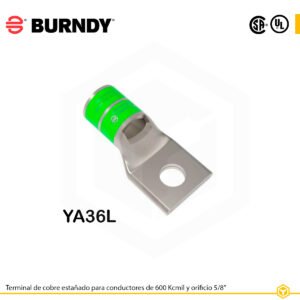 Terminal ojal de compresión Burndy YA36L, cobre estañado, 600 kcmil, orificio 5/8″