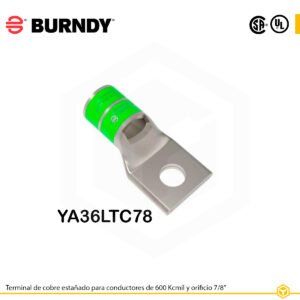 Terminal ojal de compresión Burndy YA36LTC78270, cobre electro‑tin, 600 kcmil, orificio 7/8″