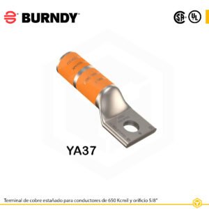 Terminal ojal Burndy YA37, cobre estañado, 650 kcmil, perno 5/8″, barril largo