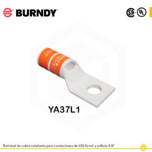 Terminal ojal de compresión Burndy YA37L1, cobre electro‑tin, 650 kcmil, orificio 5/8″
