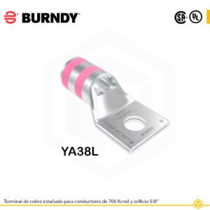 Terminal ojal Burndy YA38L, cobre estañado, 700 kcmil, orificio 5/8″, barril estándar con ventana