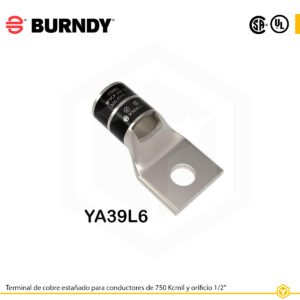 Terminal ojal Burndy YA39L6, cobre electro‑tin, 750 kcmil, orificio ½ in
