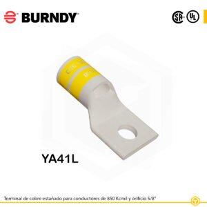 Terminal ojal Burndy YA41L, cobre electro‑tin, 850 kcmil, orificio 5/8″, barril corto con ventana