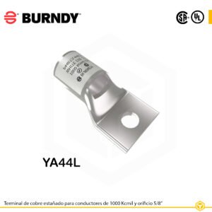Terminal ojal Burndy YA44L, cobre electro‑tin, 1000 kcmil, orificio 5/8″, barra estándar, con ventana de inspección
