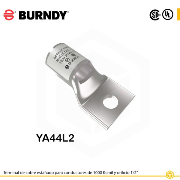 Terminal ojal Burndy YA44L2, cobre electro‑tin, 1000 kcmil, perno ½″