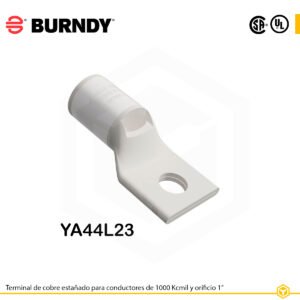 Terminal ojal Burndy YA44L23, cobre electro‑tin, 1000 kcmil, orificio 1″, barril estándar con ventana