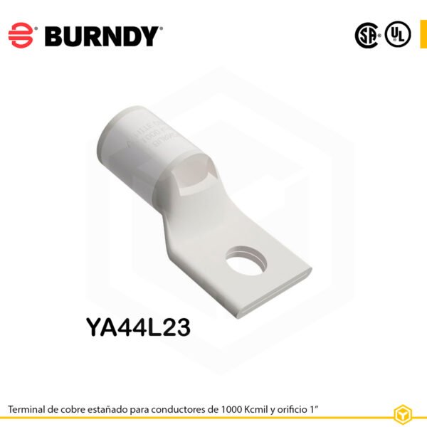 Terminal ojal Burndy YA44L23, cobre electro‑tin, 1000 kcmil, orificio 1″, barril estándar con ventana