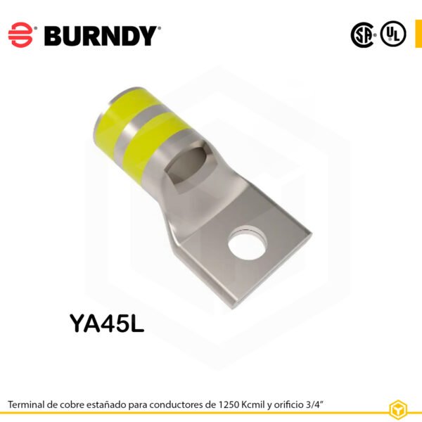Terminal ojal Burndy YA45L, cobre electro‑tin, 1250 kcmil, perno ¾″, barril estándar con ventana
