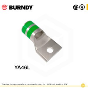 Terminal ojal Burndy YA46L, 1500 kcmil cobre electro‑tin, perno ¾″, barril estándar con ventana