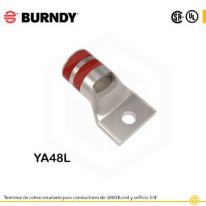 Terminal ojal Burndy YA48L, cobre electro‑tin, 2000 kcmil, perno ¾″, barril estándar con ventana