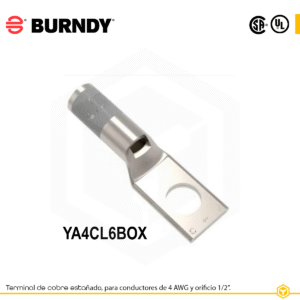 Terminal ojal de compresión Burndy YA4CL6BOX, cobre estañado, 1 orificio 1/2″, calibre 4 AWG