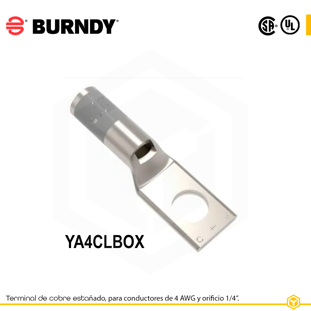 ya4clbox terminal de cobre estañado burndy Terminal ojal de compresión Burndy YA4CLBOX, cobre estañado, 1 orificio 1/4″, calibre 4 AWG