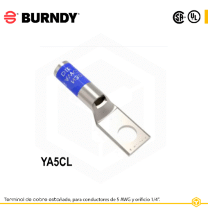 Terminal de compresión ojal Burndy YA5CL, cobre estañado, 1 orificio 1/4″, calibre 5 AWG