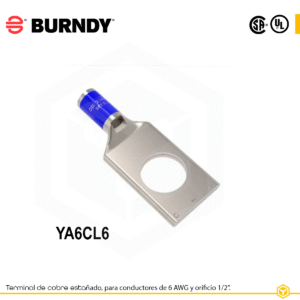 Terminal ojal de compresión Burndy YA6CL6, cobre estañado, 1 orificio 1/2″, calibre 6 AWG