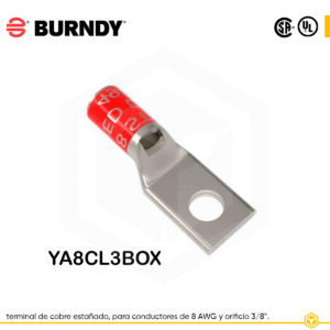 BURNDY TERMINAL DE COBRE ESTAÑADO PARA CONDUCTORES DE 8 AWG. 3/8". YA8CL3BOX.