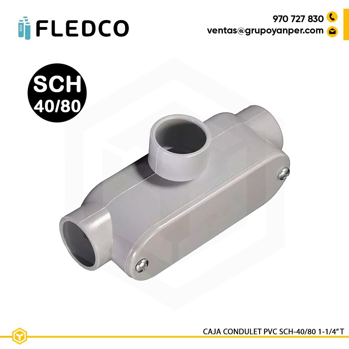 CAJA-CONDULET-T-1-1-4-FLEDCO Caja Condulet PVC tipo T 1-1/4 pulgada Fledco para tubería conduit SCH40/80