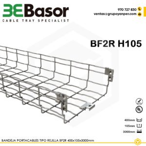Bandeja metálica portacables tipo rejilla BASORFIL BF2R de 400 × 105 mm, acabado electrozincado simple (EZ), con sistema de unión rápida sin tornillos.