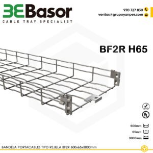 Bandeja metálica portacables tipo rejilla BASORFIL BF2R de 600 × 65 mm, acabado electrozincado (EZ), con sistema de unión rápida autoacoplante.