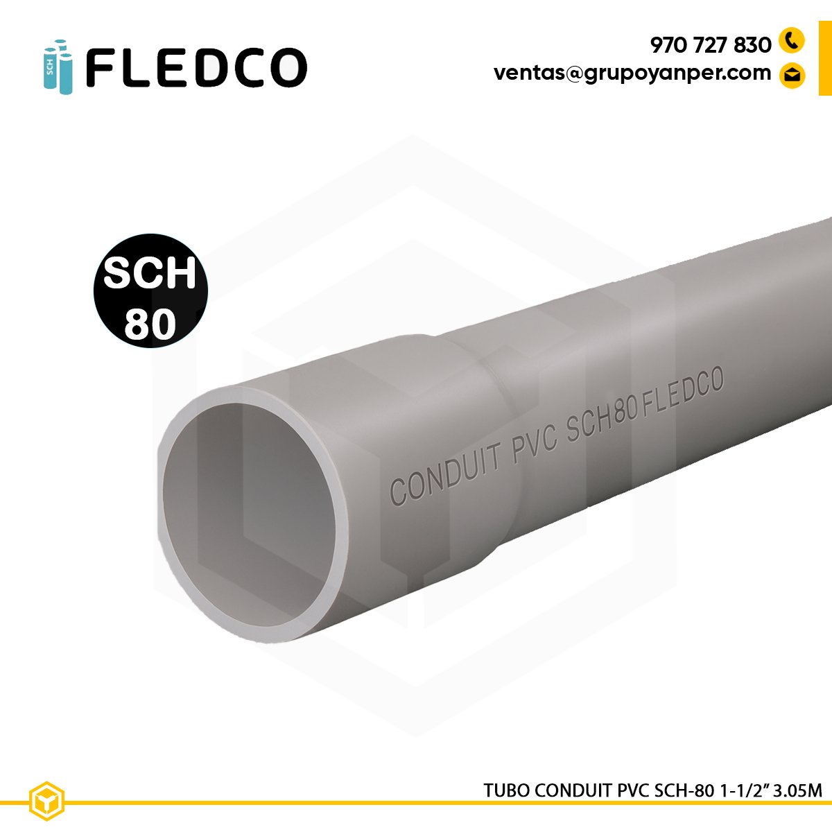SCH80-1-1-2-FLEDCO Tubo conduit PVC SCH80 Fledco 1-1/2 pulgada 3.05 metros acampanado extremo