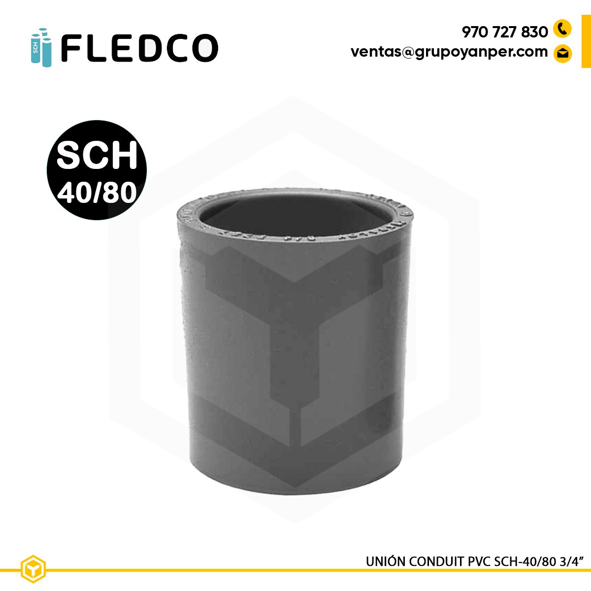 UNION-SCH40-80-3-4-FLEDCO Unión recta PVC Fledco 3/4 pulgada SCH40 y SCH80 para conduit eléctrico