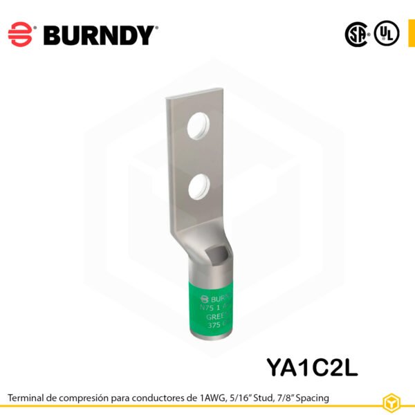 Terminal Burndy YA1C2L de cobre estañado, conductor 1 AWG tipo “code conductor”, dos orificios de perno de 5/16″ separados 7/8″, barril estándar corto con ventana de inspección (codificación verde).