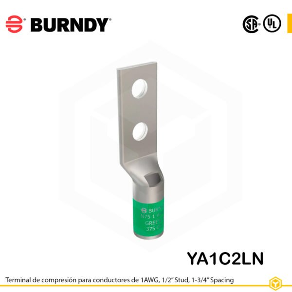 Terminal Burndy YA1C2LN de cobre estañado, conductor 1 AWG tipo code conductor, con dos orificios de perno de ½″ separados por 1¾″, barril estándar con ventana de inspección (codificación verde).