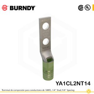 Terminal de compresión Burndy YA1CL2NT14 de cobre estañado 1 AWG, barril largo, 2 orificios 1/4", separación 5/8"