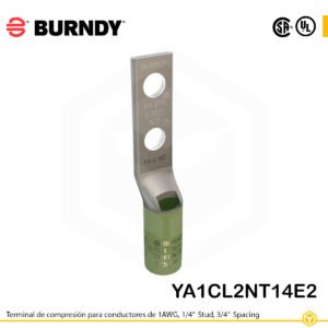 Terminal de compresión Burndy YA1CL2NT14E2 de cobre estañado 1 AWG, barril largo, 2 orificios 1/4", separación 3/4"