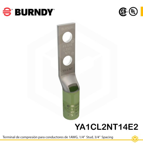 Terminal de compresión Burndy YA1CL2NT14E2 de cobre estañado 1 AWG, barril largo, 2 orificios 1/4", separación 3/4"