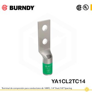 Terminal Burndy YA1CL2TC14 de cobre estañado, conductor 1 AWG, doble orificio de perno de ¼″ separados 5/8″, barril estándar corto con ventana de inspección (codificación verde).