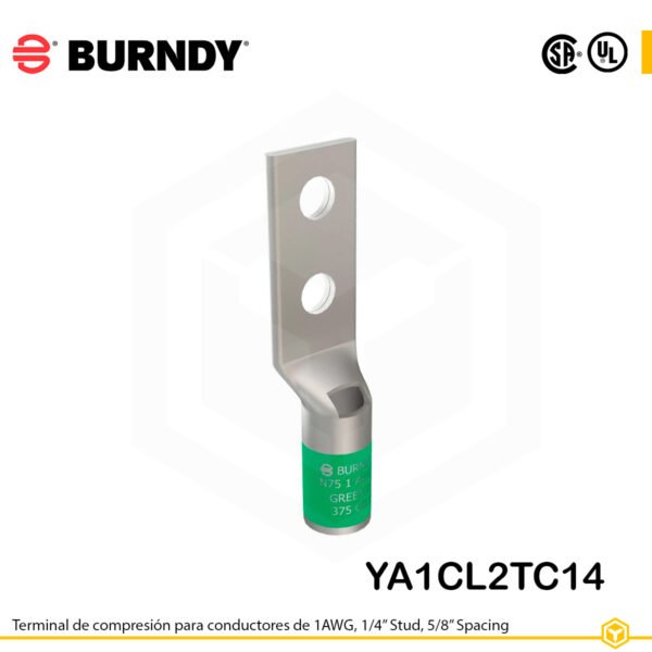 Terminal Burndy YA1CL2TC14 de cobre estañado, conductor 1 AWG, doble orificio de perno de ¼″ separados 5/8″, barril estándar corto con ventana de inspección (codificación verde).