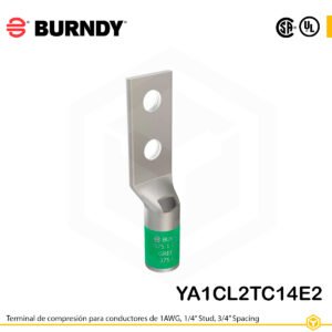 Terminal Burndy YA1CL2TC14E2, cobre estañado, conductor 1 AWG tipo “code conductor”, dos orificios de ¼″ espaciados ¾″, barril estándar con ventana de inspección (codificación verde).