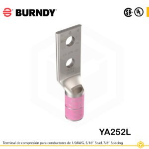 Terminal Burndy YA25-2L de cobre estañado, conductor 1/0 AWG tipo “code conductor”, con dos orificios para perno de 5/16″ espaciados 7/8″, barril estándar con ventana de inspección (codificación rosa).