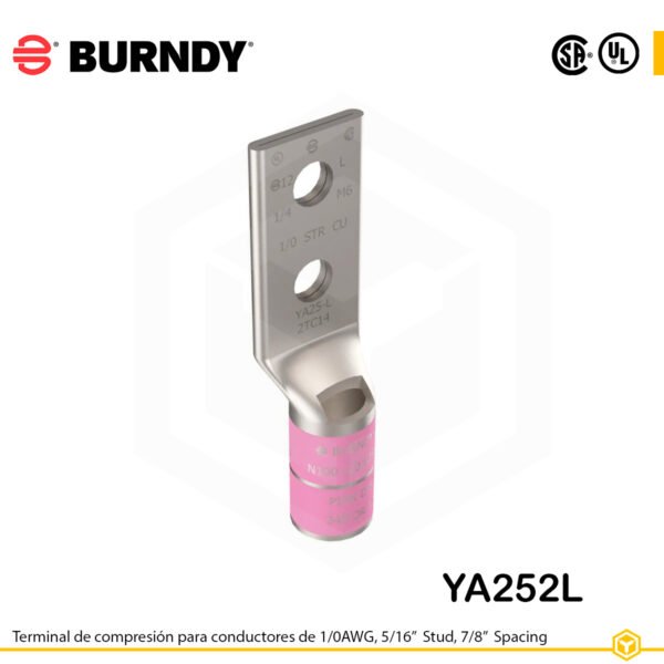 Terminal Burndy YA25-2L de cobre estañado, conductor 1/0 AWG tipo “code conductor”, con dos orificios para perno de 5/16″ espaciados 7/8″, barril estándar con ventana de inspección (codificación rosa).