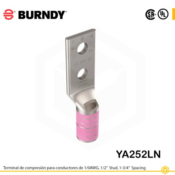 Terminal Burndy YA252LN de cobre estañado, conductor 1/0 AWG tipo “code conductor”, doble orificio de perno de ½″ espaciados 1¾″, barril estándar con ventana de inspección (codificación rosa).